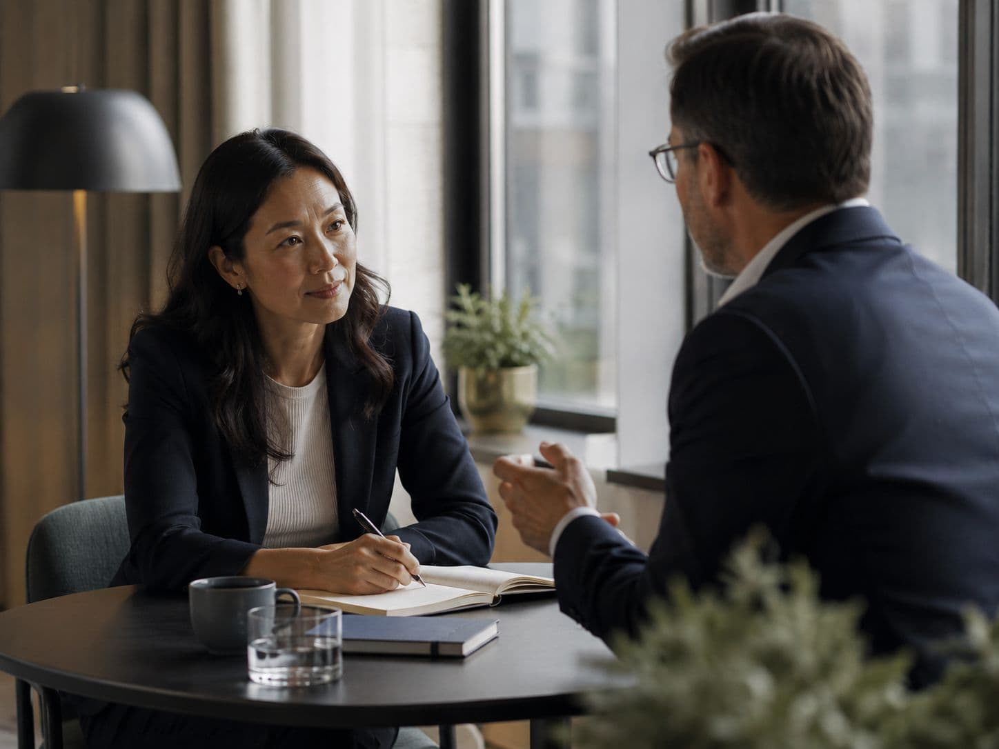 Coaching-Gespräch zwischen zwei Personen am Besprechungstisch