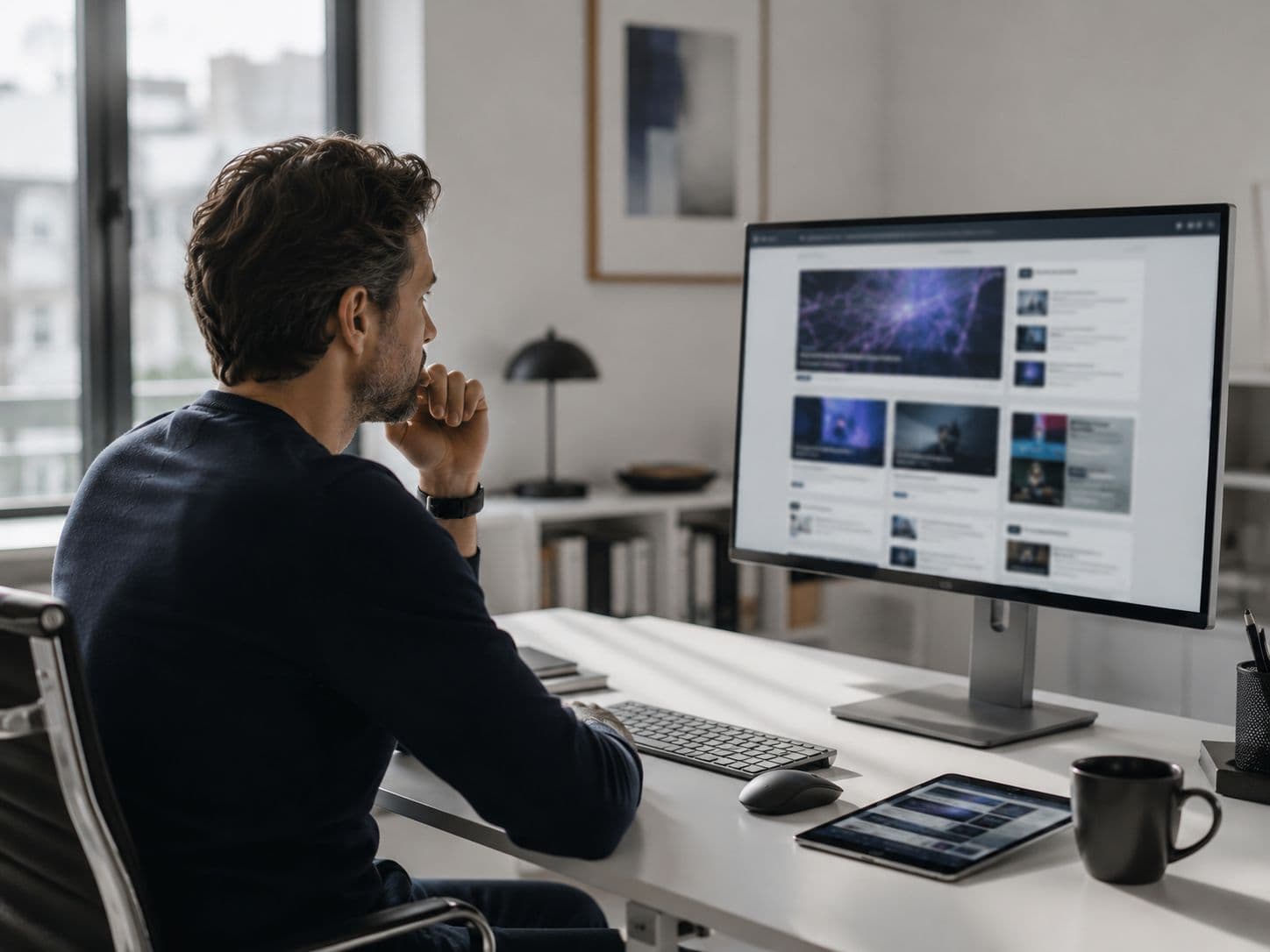 Redaktionelle Arbeit an Technologie-Beiträgen am Bildschirm